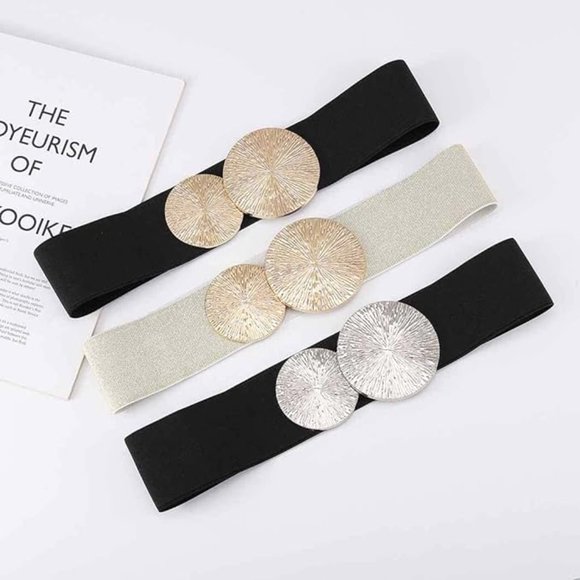 Initlove Women Wide Stretchy Waistband Gold Buckle Elastic  Women\'s elastic wide gold belt